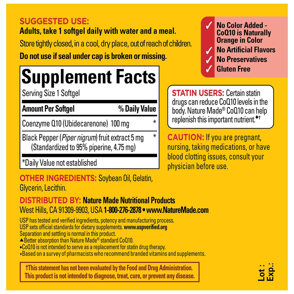 Nature Made CoQ10 100 mg softgels bottle label showing 30-day supply