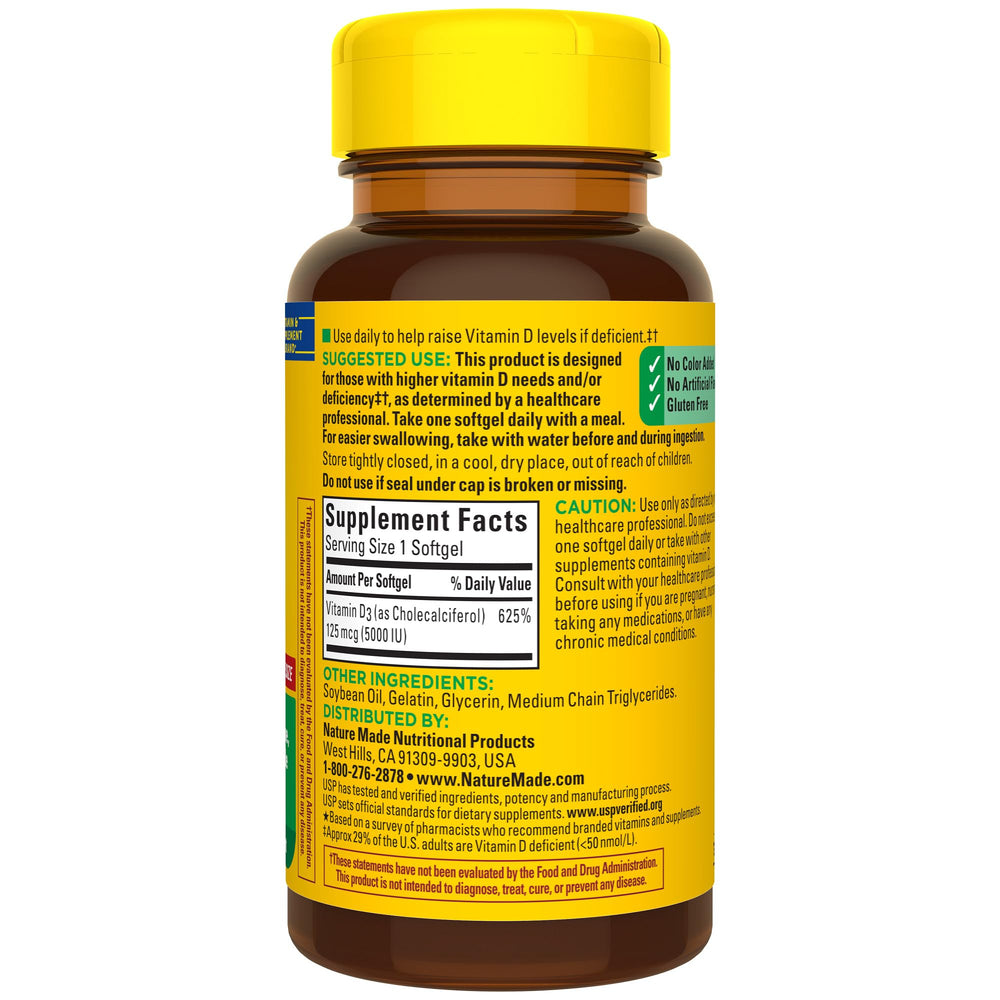 180-day supply bottle of Vitamin D3 5000 IU softgels