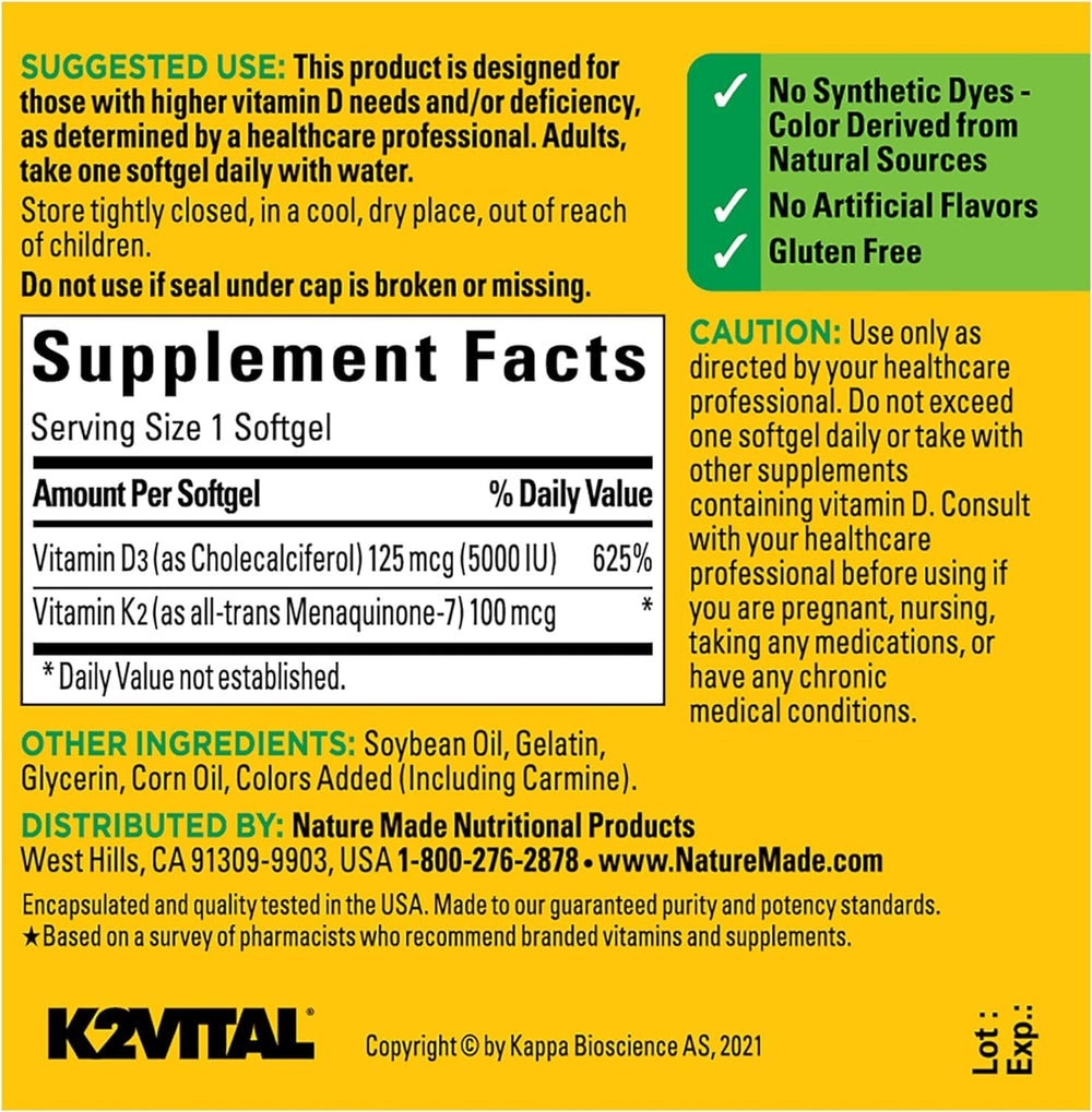 Gluten-free, USA-made Nature Made Vitamin D3 + K2 softgels packaging