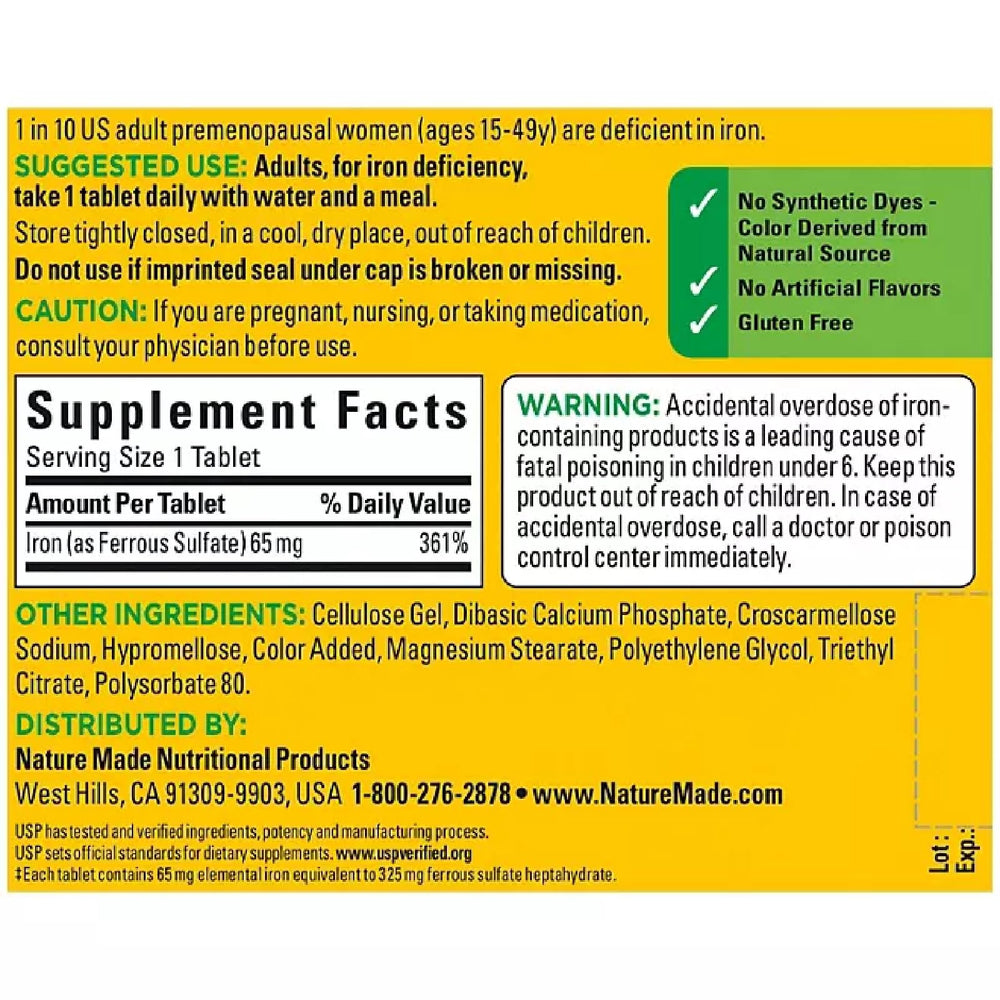 Close-up of Nature Made Iron 65 mg (325 mg Ferrous Sulfate) tablets