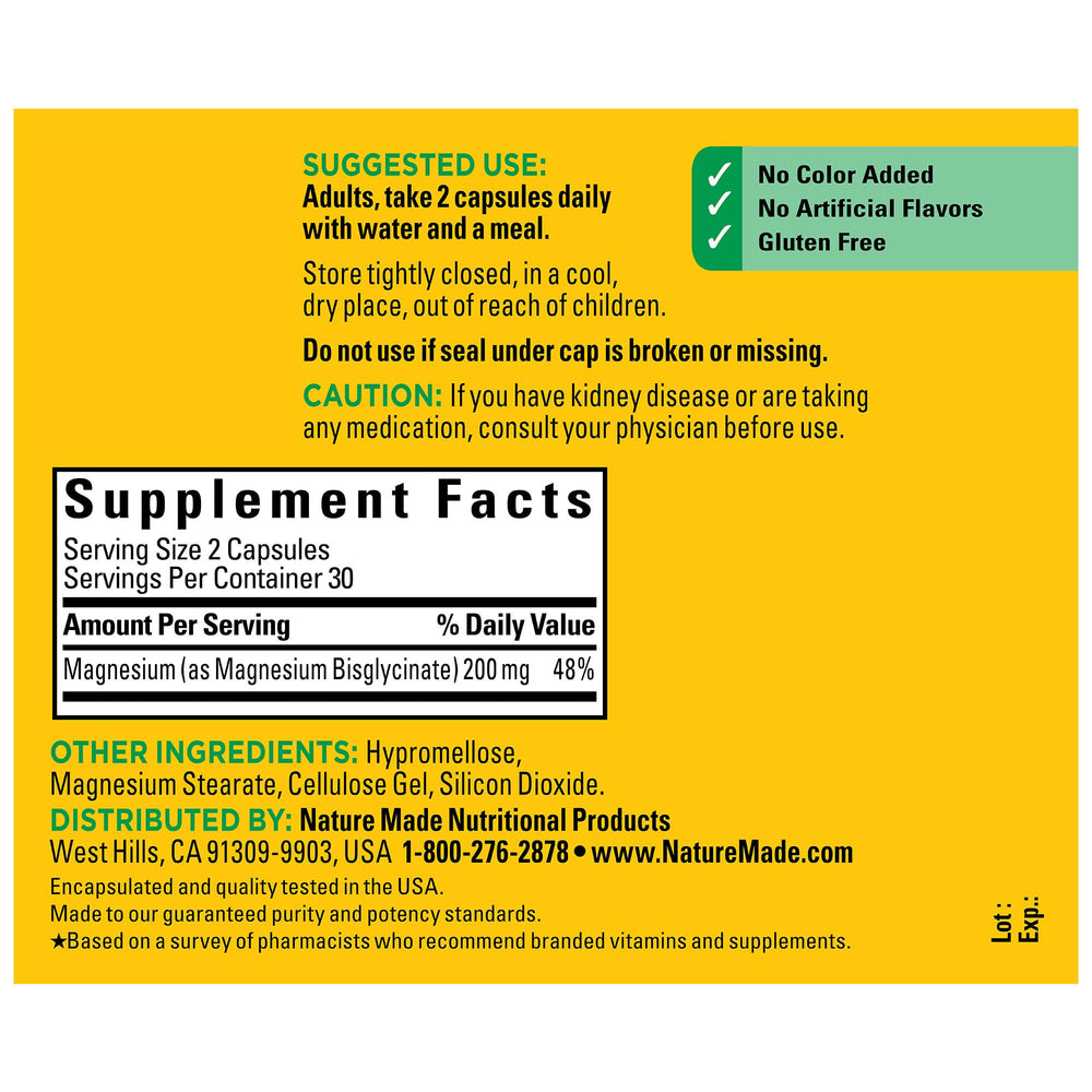 Close-up of Nature Made Magnesium Glycinate 200 mg capsules