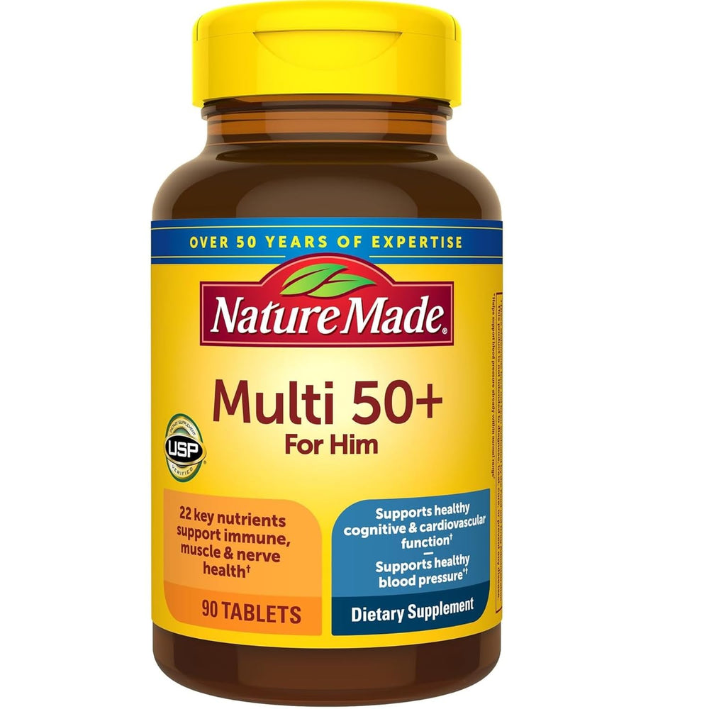 Nature Made Multi for Him 50+ bottle front view, daily multivitamin for men 50+.