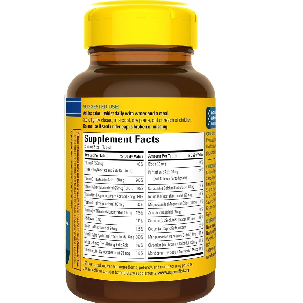 Nature Made Multi for Him 50+ bottle label, iron-free formula for everyday nutrition.