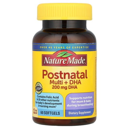 Nature Made Postnatal Multivitamin + DHA bottle with 60 softgels