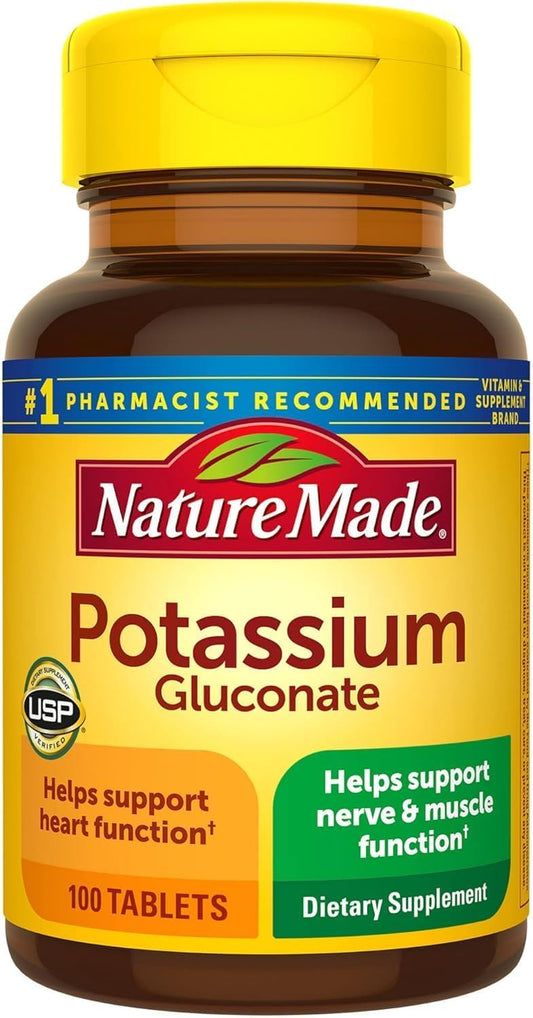 Bottle of Nature Made Potassium Gluconate 550mg 100 tablets with label