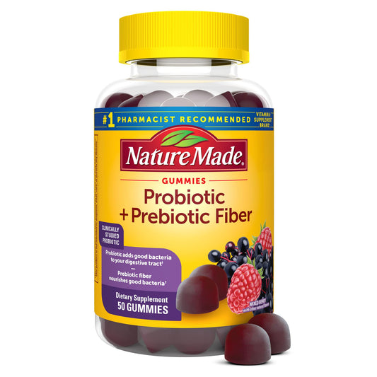 Front label of Nature Made Probiotic + Prebiotic Fiber Gummies bottle