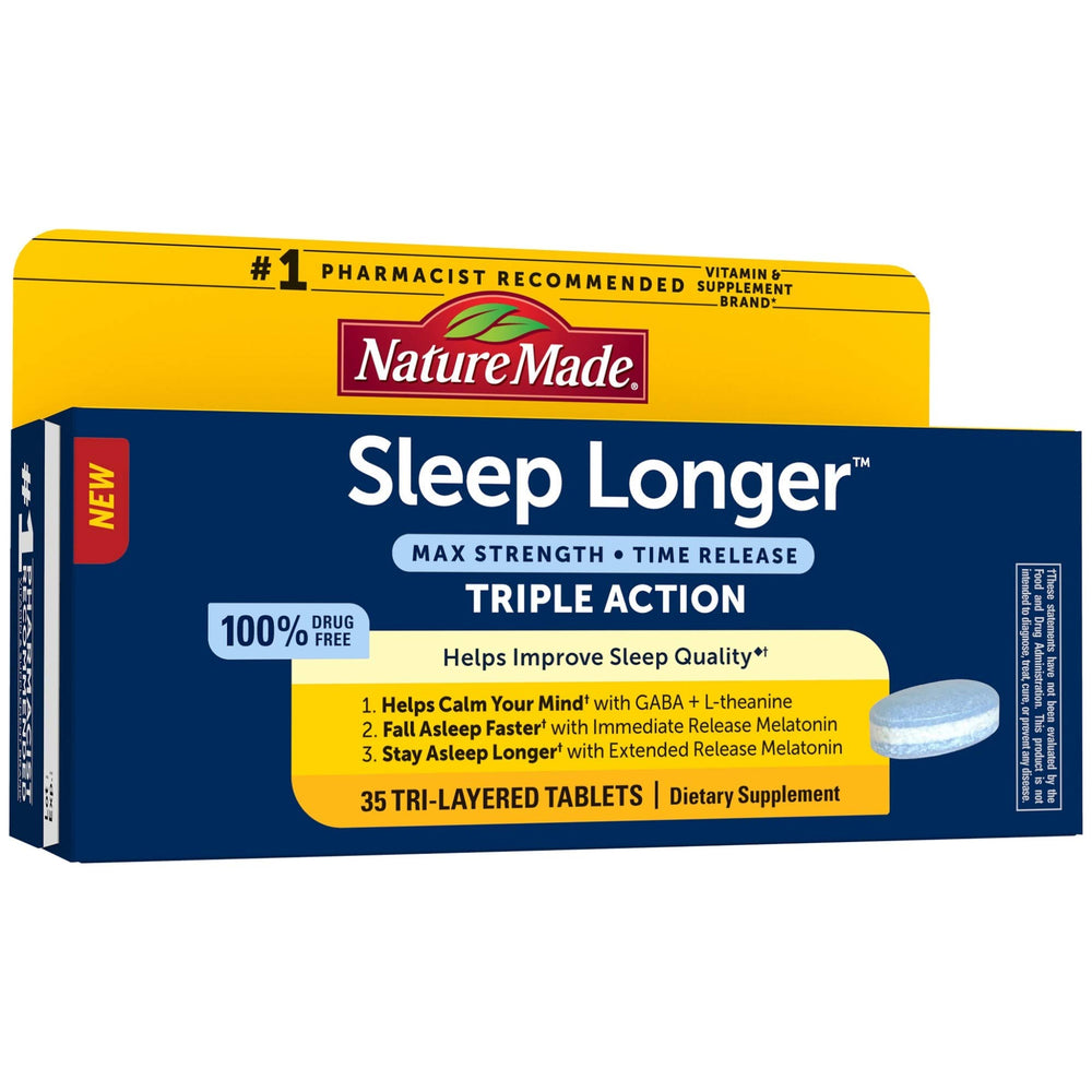Nature Made Sleep Longer Melatonin 10mg tri-layer time-release tablets bottle