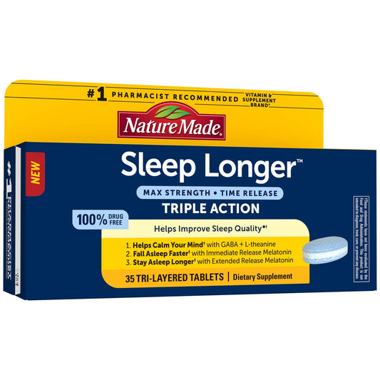 Nature Made Sleep Longer Melatonin 10mg tri-layer time-release tablets bottle