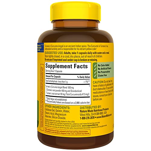 Nature Made Turmeric Curcumin 500 mg bottle back view with label