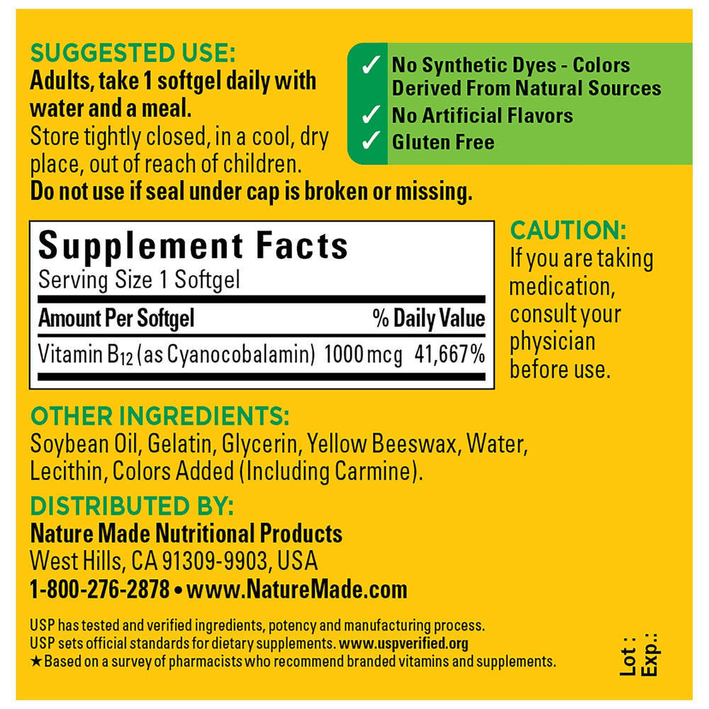 Close up of Nature Made Vitamin B12 1000 mcg softgels