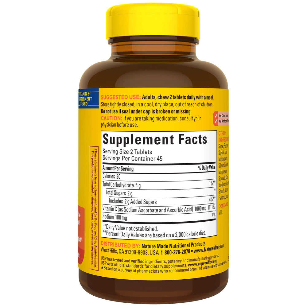 Closeup of bottle with orange flavor chewable vitamin C