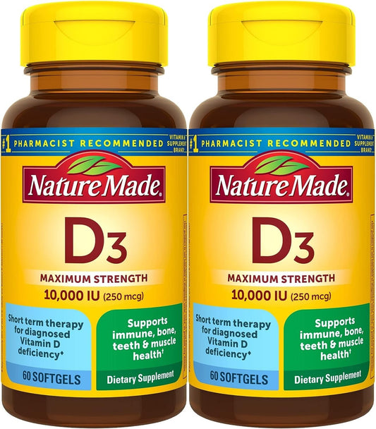 Two-pack Nature Made Vitamin D3 10000 IU softgels bottle
