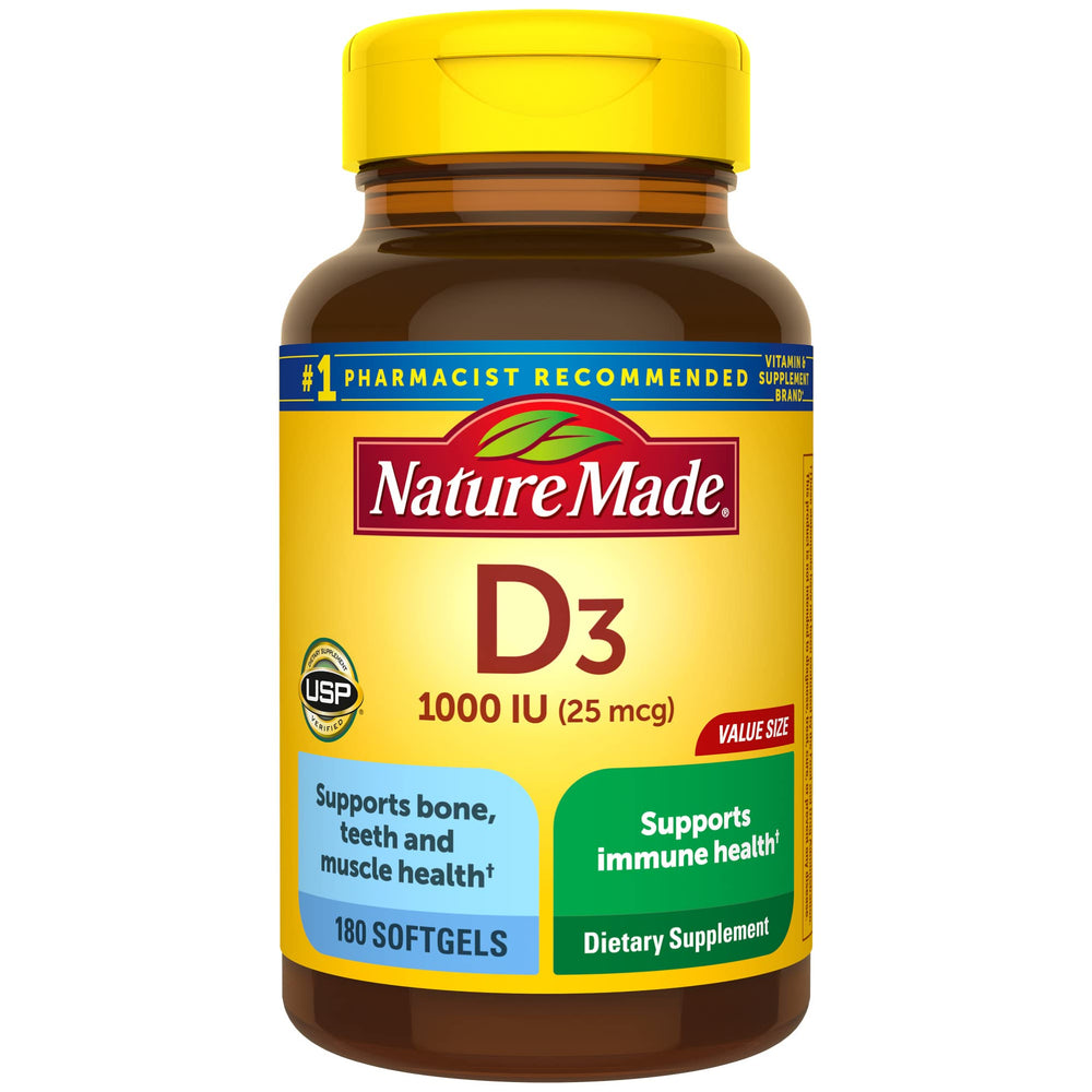 Nature Made Vitamin D3 1000 IU softgels bottle front view (180-count)
