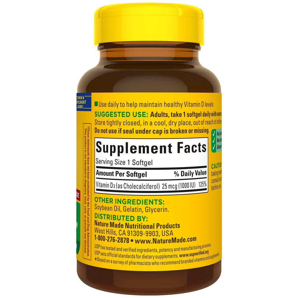 Nature Made Vitamin D3 1000 IU packaging and bottle overview