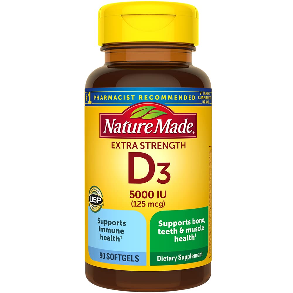 Bottle of Nature Made Vitamin D3 5000 IU Liquid Softgels, Pack of 2 (180 softgels total)