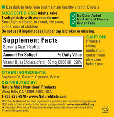 Back label detailing supplement facts for Nature Made Vitamin D3 90 softgels