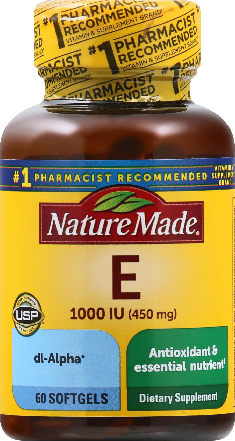 Nature Made Vitamin E 450 mg (1000 IU) dl-Alpha Softgels, 60-count bottle for antioxidant support