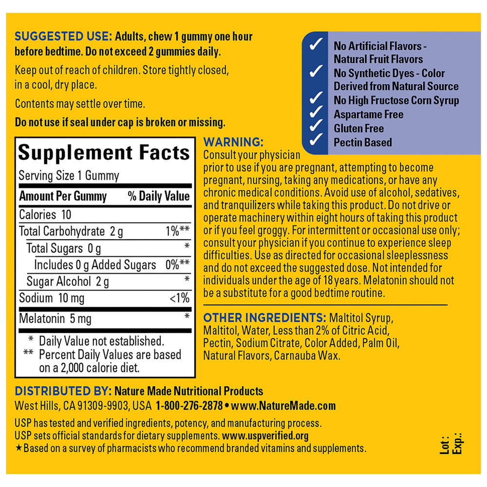 Close-up of 5mg melatonin gummy, sugar-free