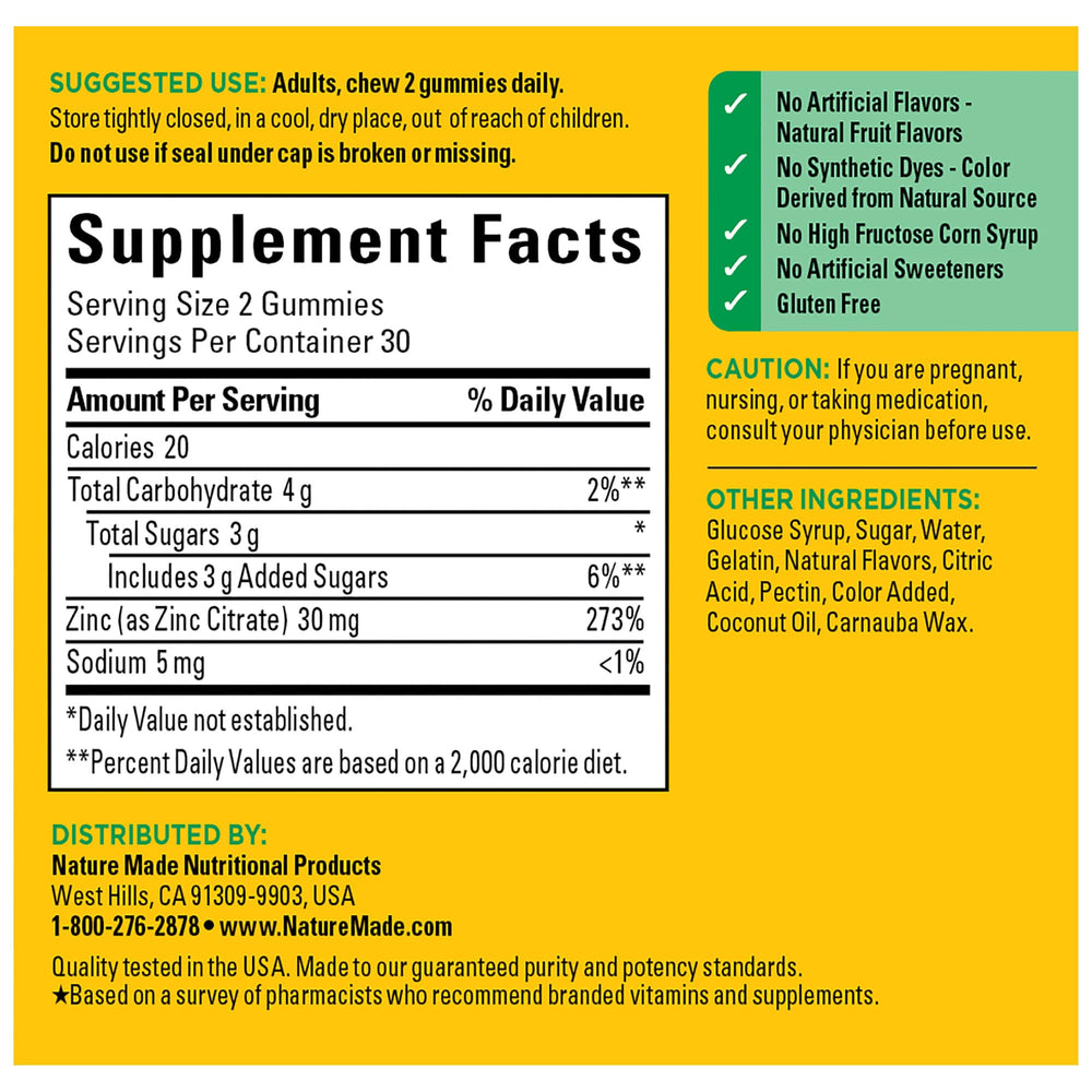 Back view of Nature Made Zinc 30 mg Gummies bottle, 60-count