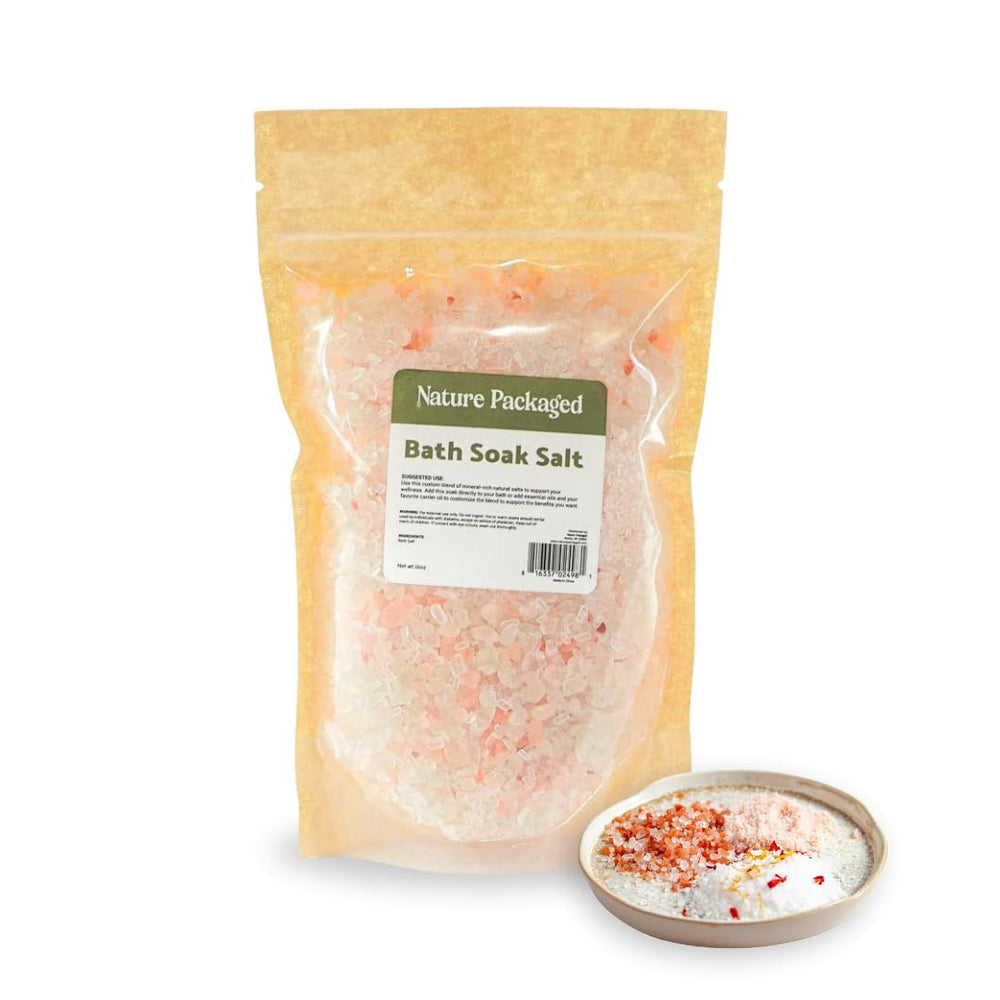 Nature Packaged bath salts blend with pink Himalayan salt for a luxurious mineral soak.