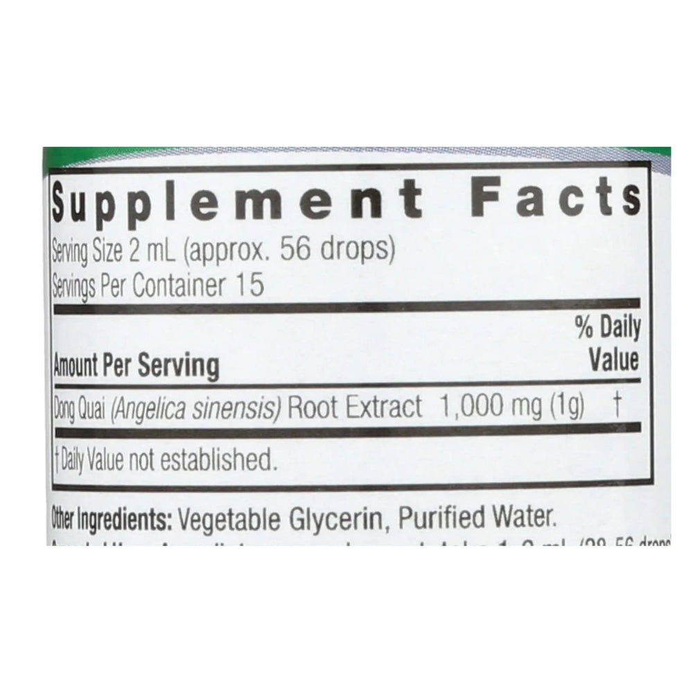 Dong Quai liquid extract bottle with label showing alcohol-free, gluten-free, kosher