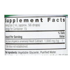 Dong Quai liquid extract bottle with label showing alcohol-free, gluten-free, kosher