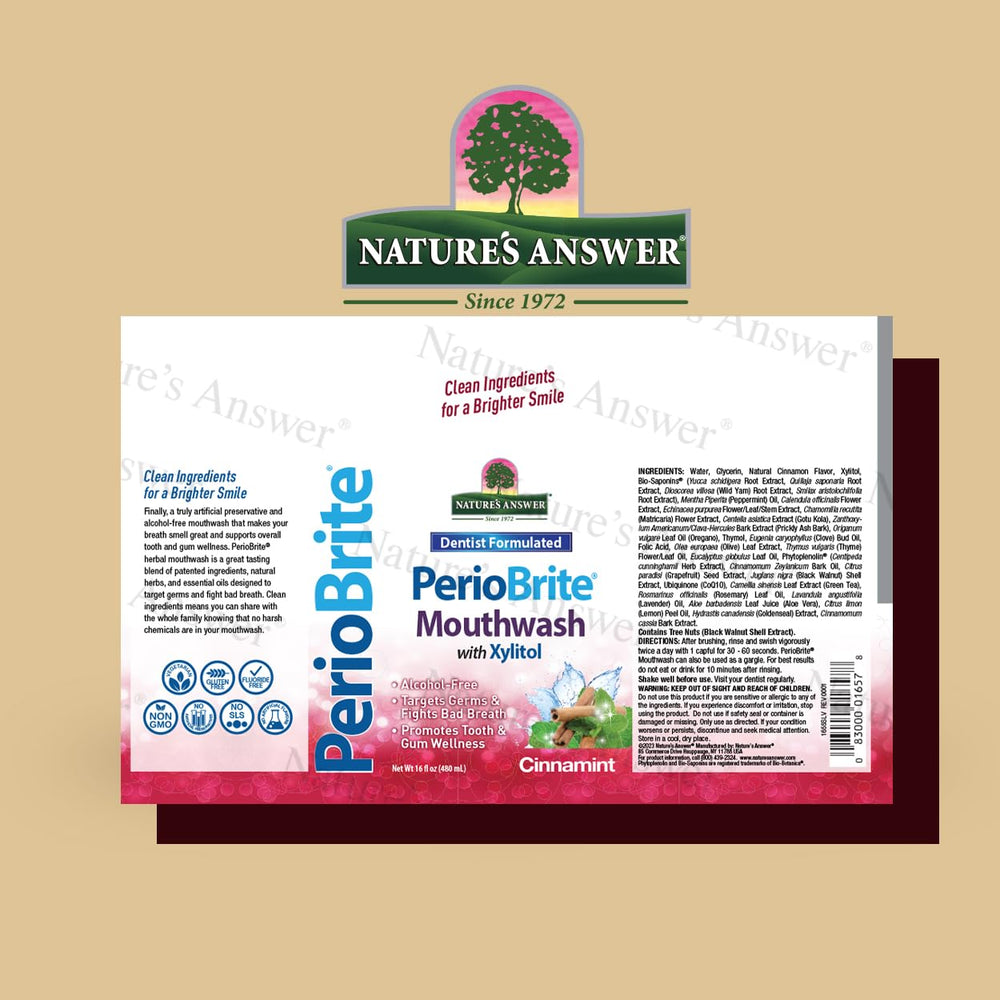 Nature's Answer PerioBrite Cinnamon Mint Mouthwash 16 oz bottle close-up