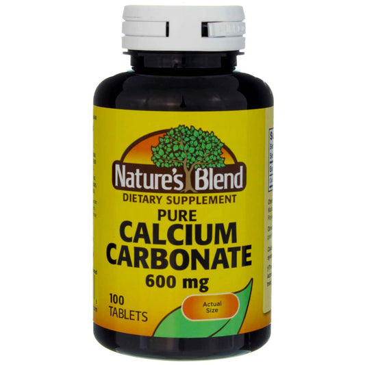 Front view of Nature's Blend Calcium Carbonate 600mg tablets bottle