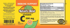 Close-up of Nature's Blend Vitamin C 500 mg 100 tablets bottle and tablets