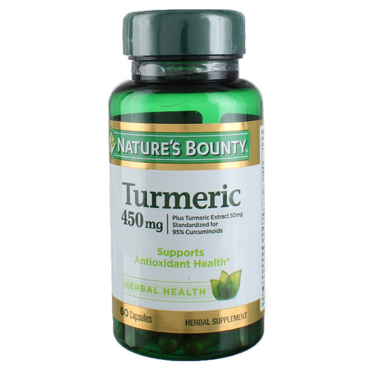 Nature's Bounty Turmeric 450 mg capsules bottle front view - 60 count per bottle, pack of 3