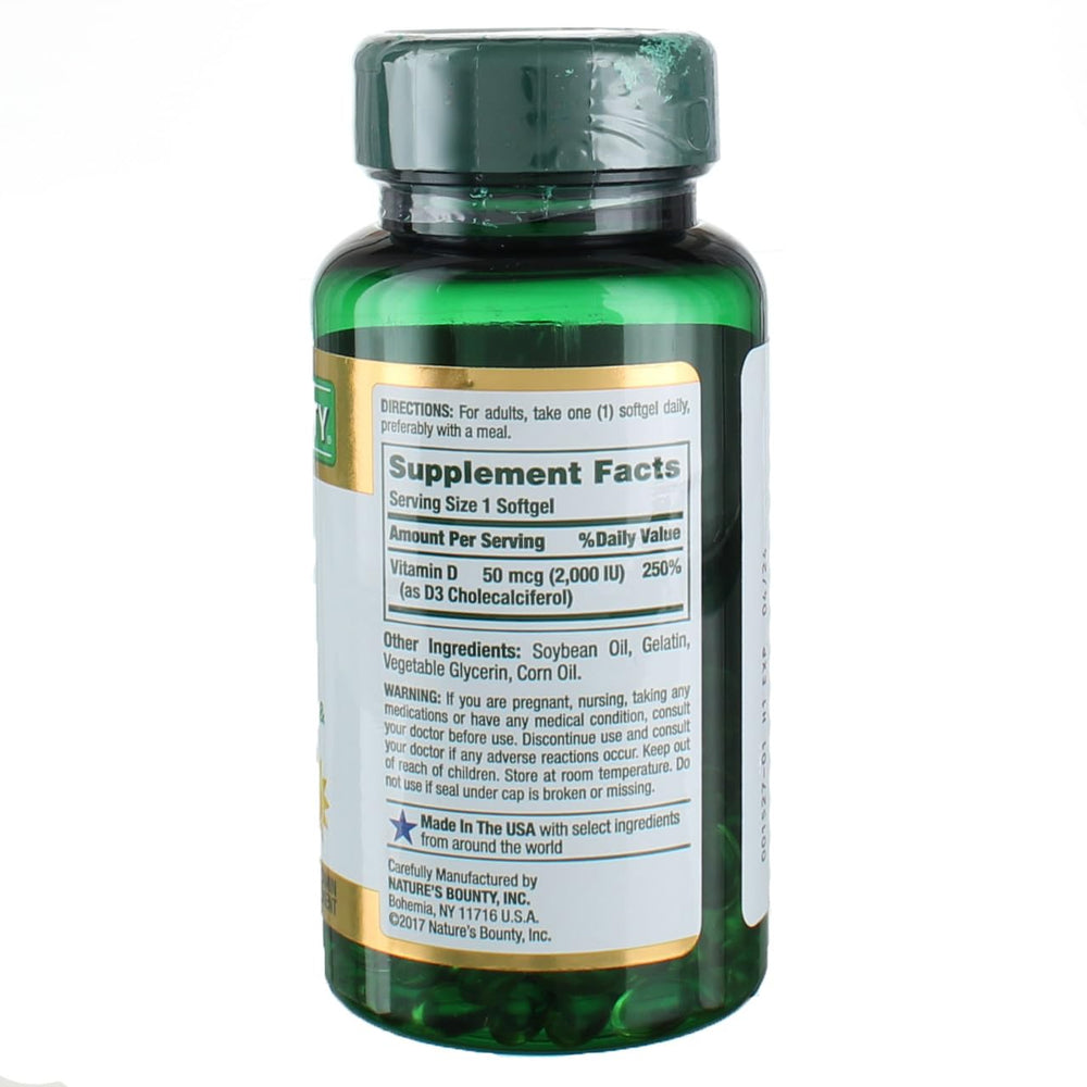 Close-up of Nature's Bounty Vitamin D3 2000 IU bottle