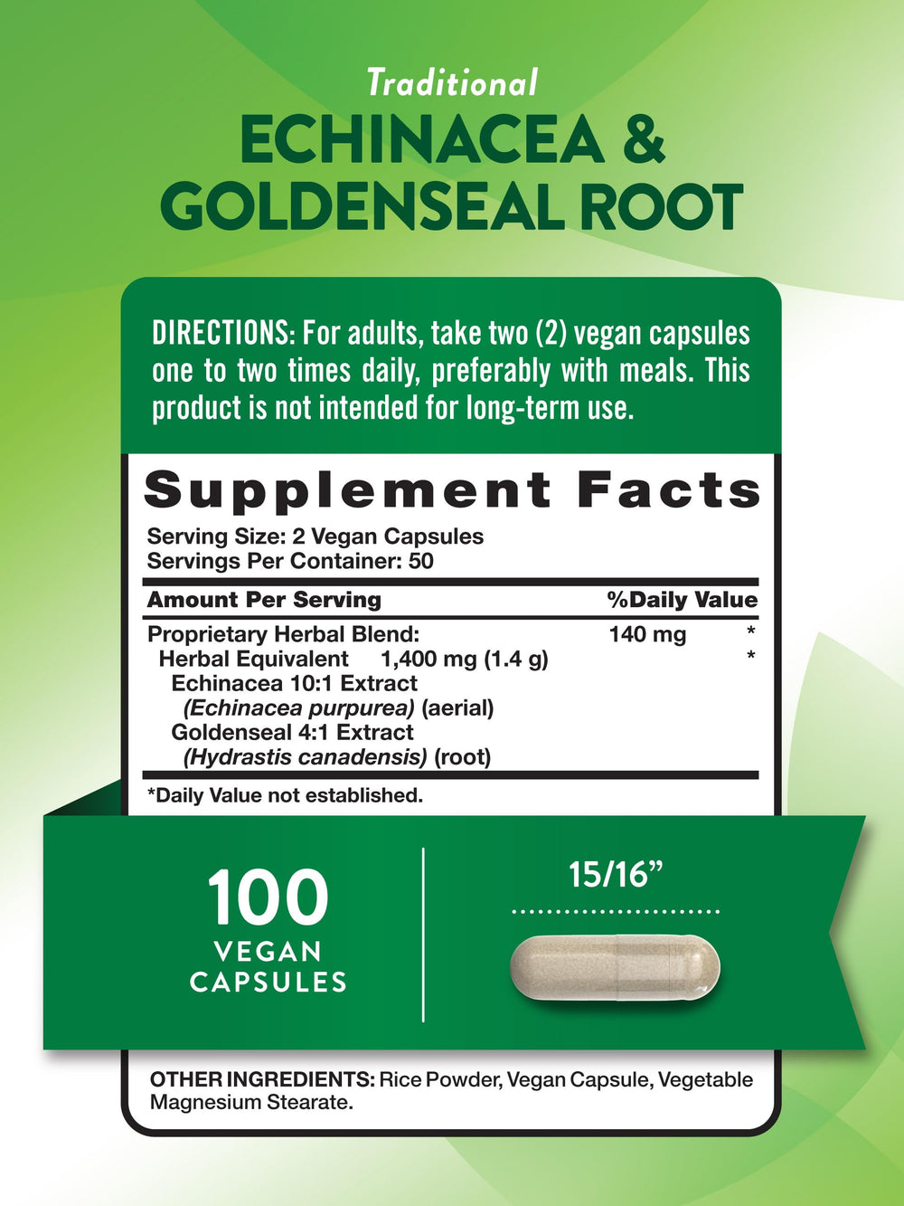 Close-up of Echinacea Goldenseal capsules bottle label