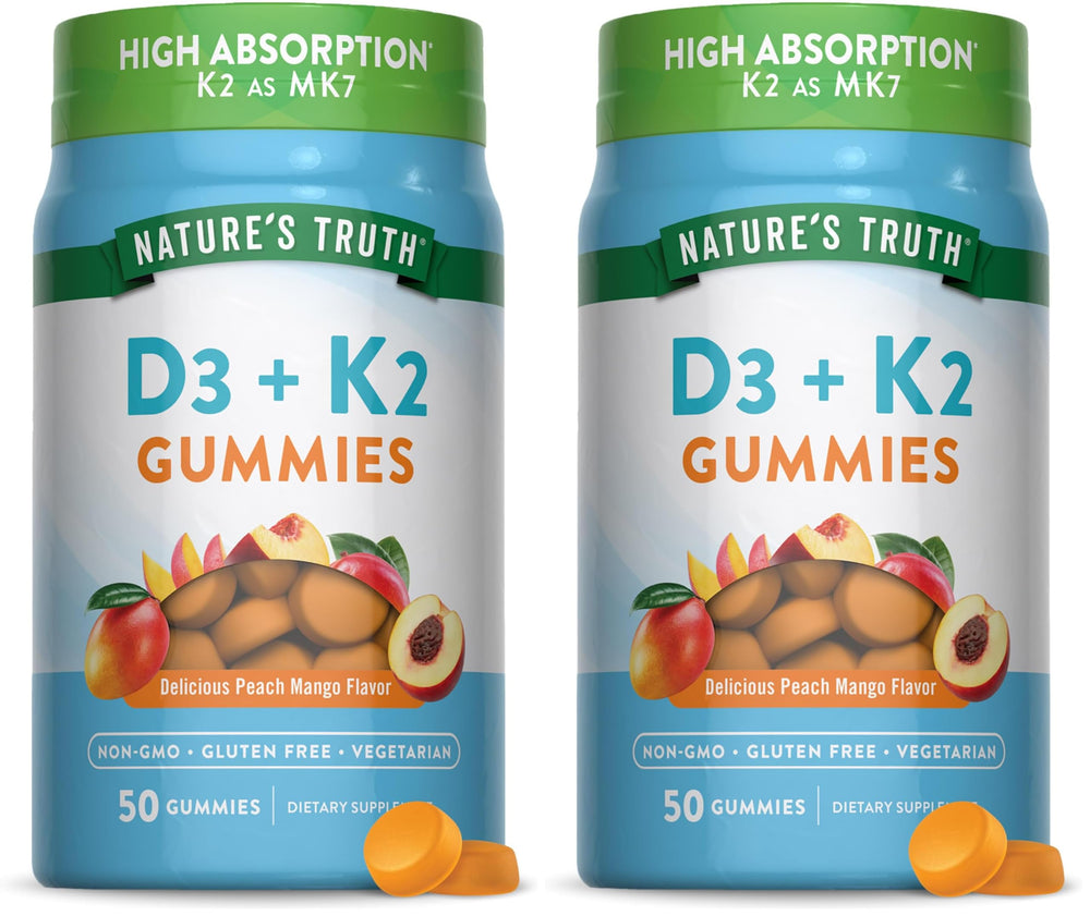 Nature's Truth Vitamin D3 + K2 Gummies peach mango flavor bottle – 50-count per bottle, pack of 2