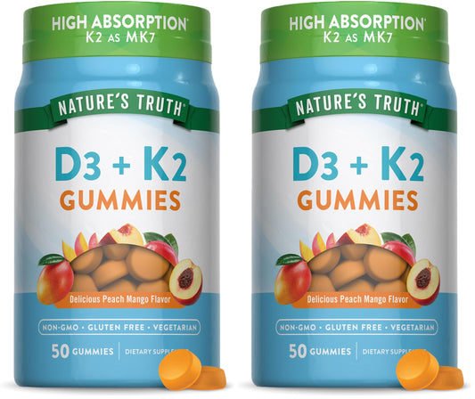 Nature's Truth Vitamin D3 + K2 Gummies peach mango flavor bottle – 50-count per bottle, pack of 2