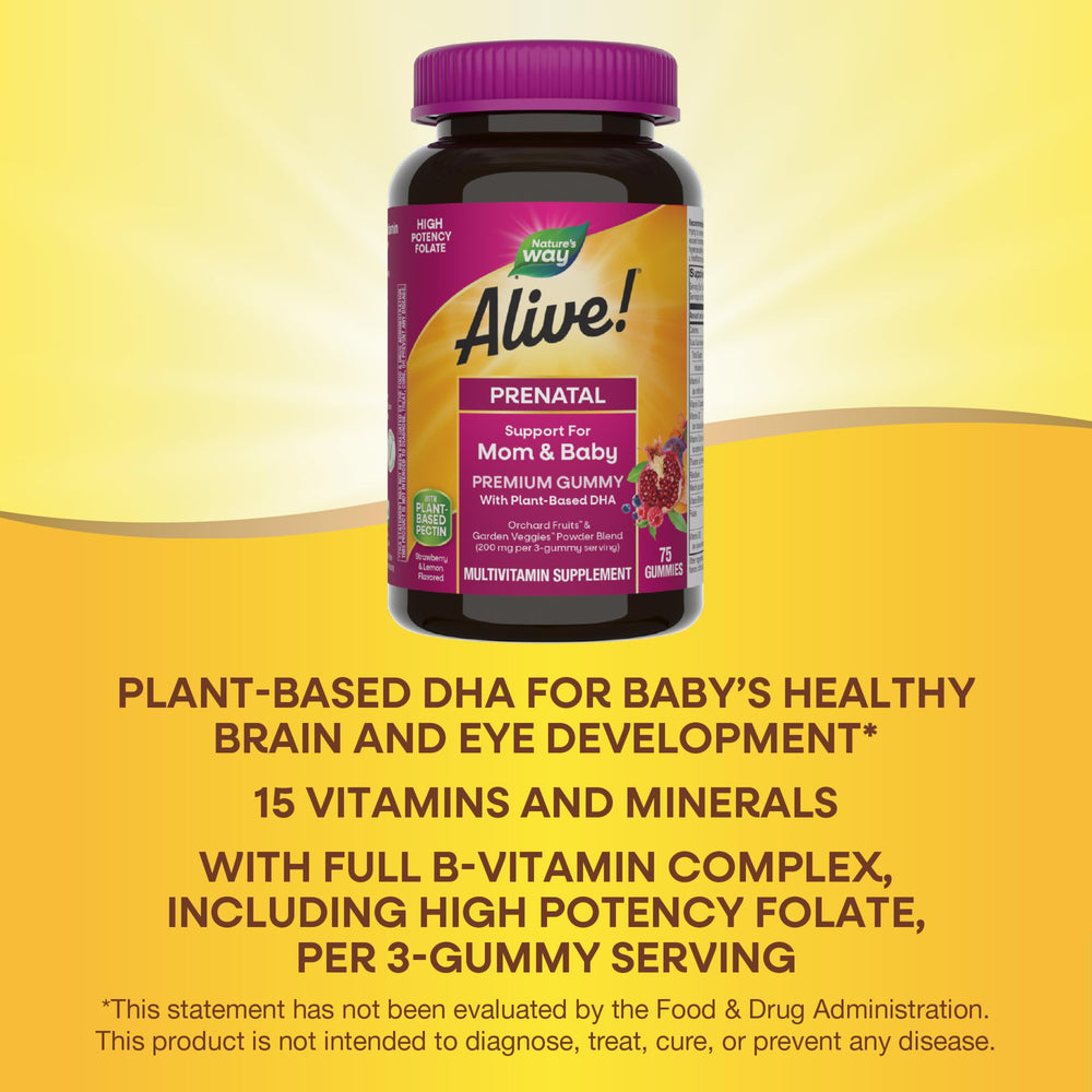 Three gummies serving showing folate and DHA ingredients