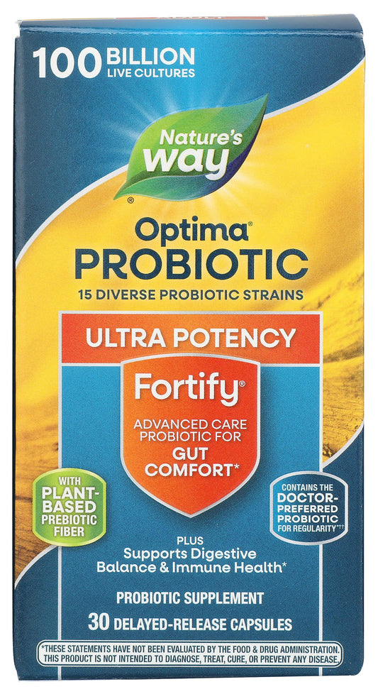 Nature's Way Fortify Optima probiotic bottle label with 100B CFU and 15 strains
