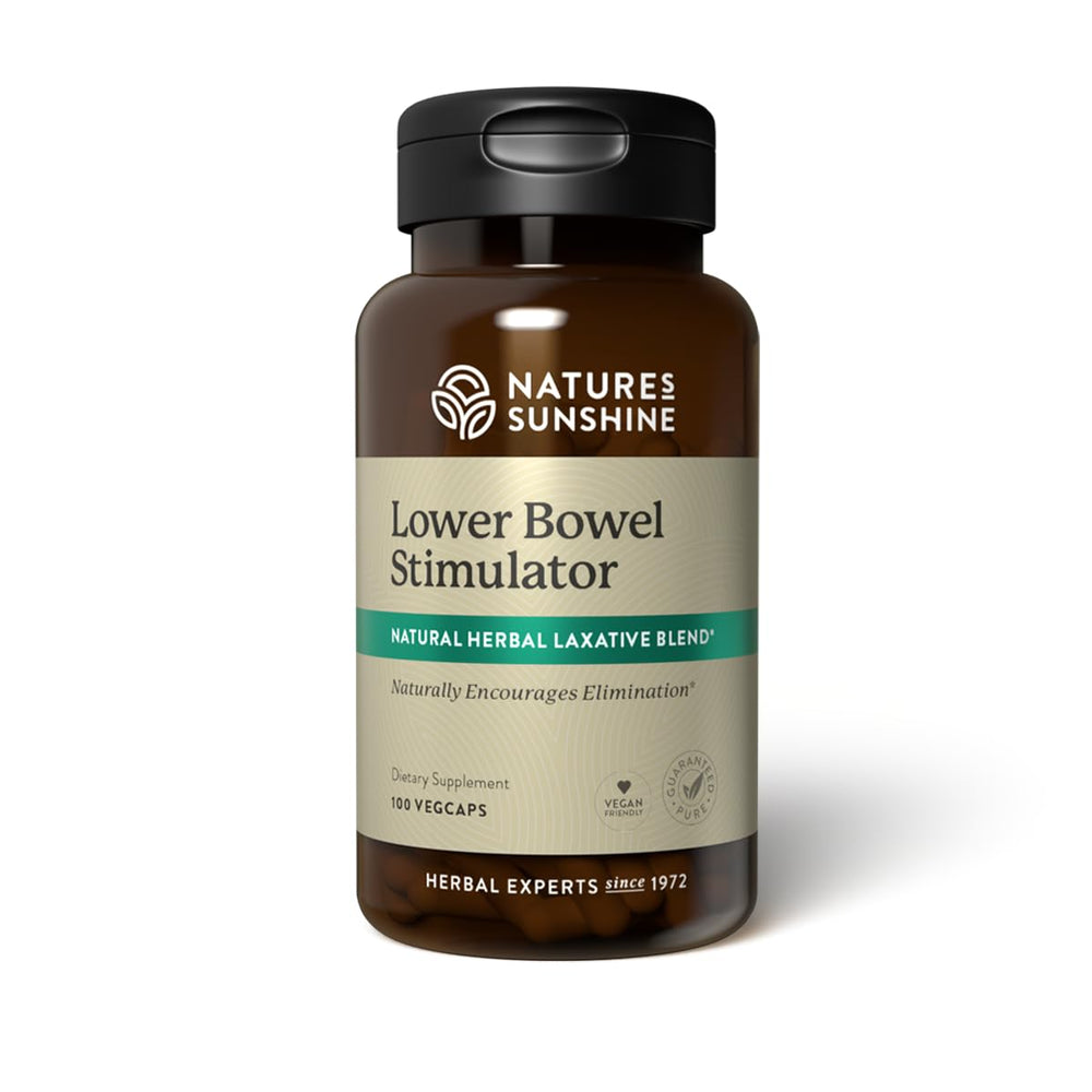 Nature's Sunshine Lower Bowel Stimulator bottle shown for easy daily use and gentle relief.