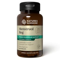 Nature's Sunshine Menstrual Reg bottle label with 100 capsules, Kosher