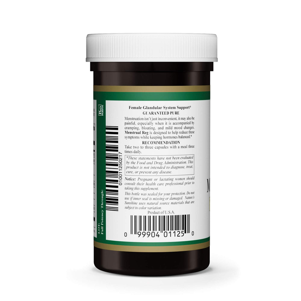 Close-up of Nature's Sunshine Menstrual Reg capsules