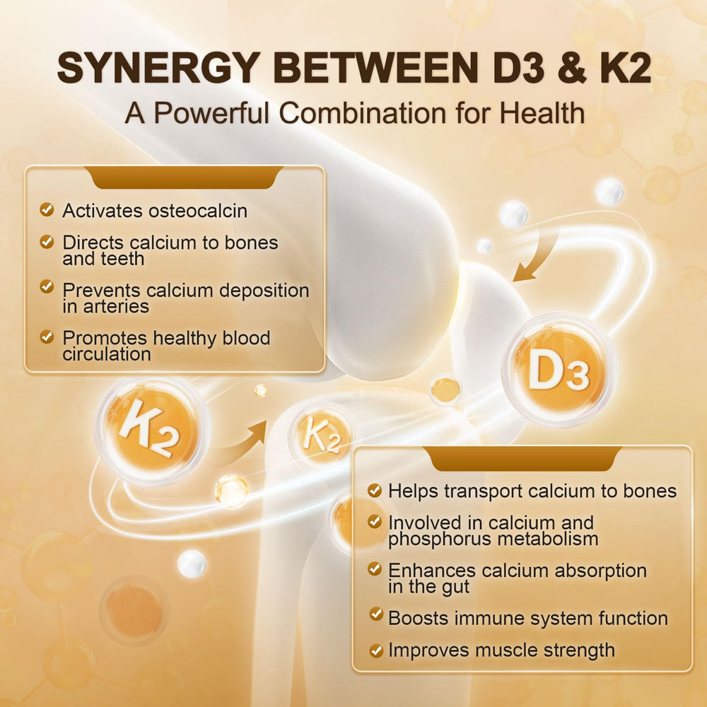 Close-up of Vitamin D3 K2 supplement label showing 5000 IU and 120 mcg