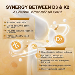 Close-up of Vitamin D3 K2 supplement label showing 5000 IU and 120 mcg