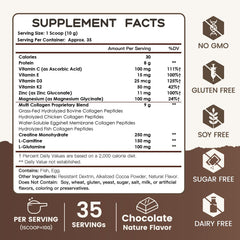 Scooped chocolate collagen powder beside a glass