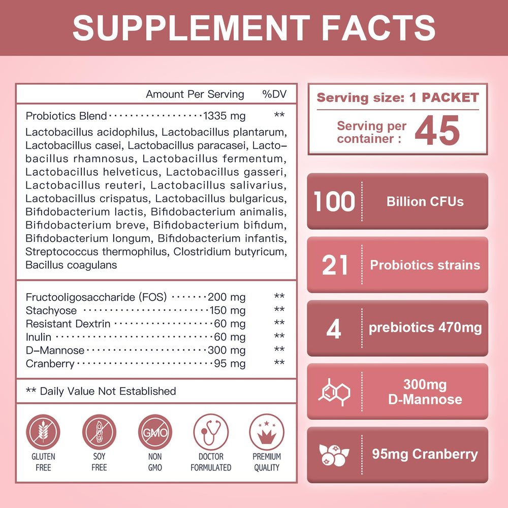 Probiotic powder showing 100 Billion CFUs and 21 strains