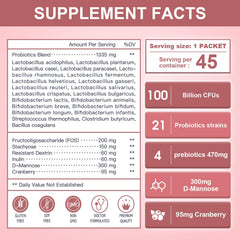 Probiotic powder showing 100 Billion CFUs and 21 strains