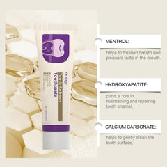 Mint leaves beside Nature Tooth Refresh toothpaste on white background