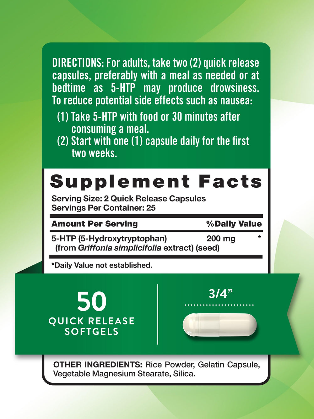 Close-up of Nature's Truth 5HTP 200mg Quick Release capsules
