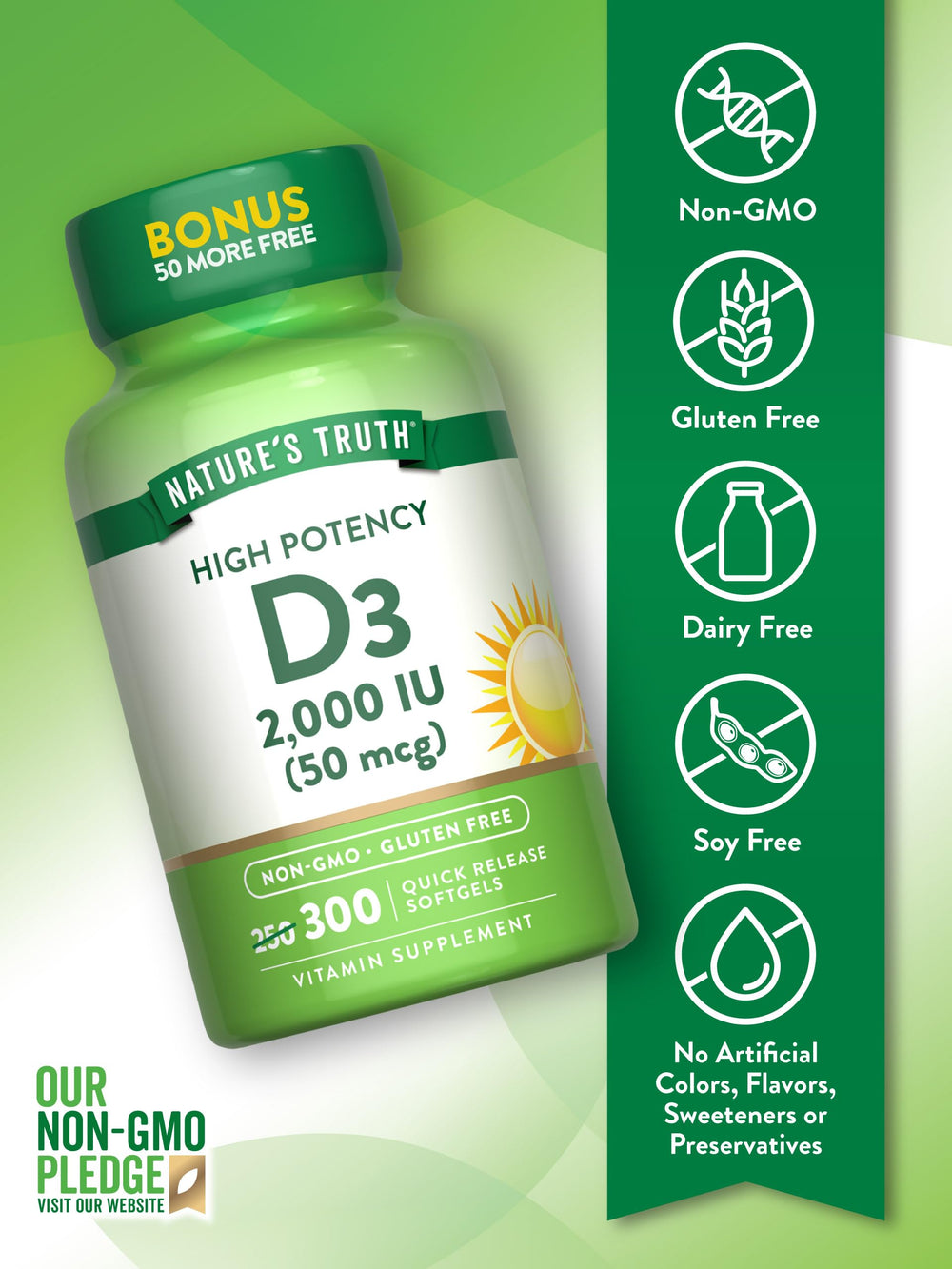 Vitamin D3 2000 IU label showing non-GMO and gluten-free