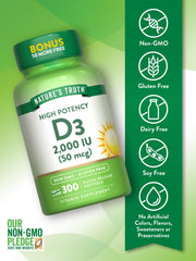 Vitamin D3 2000 IU label showing non-GMO and gluten-free