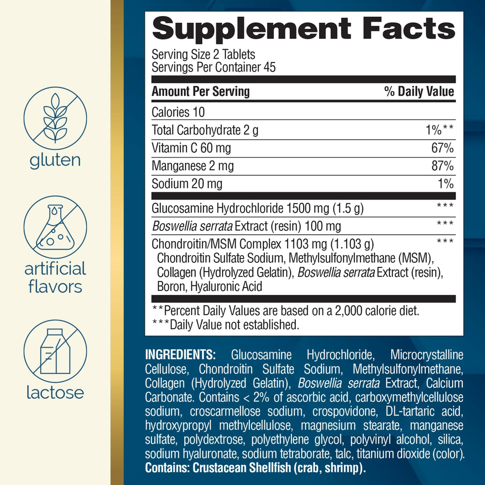 Close-up of bottle showing Glucosamine, Chondroitin, MSM, Hyaluronic Acid, Boswellia