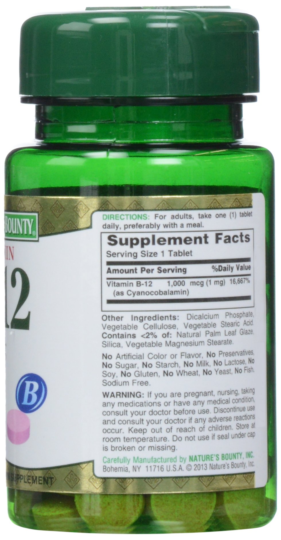 Close-up of Nature's Bounty B-12 tablets